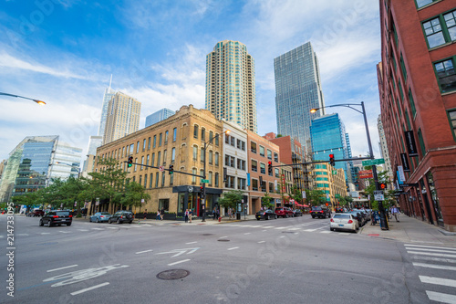 The intersection of Illinois Street and Wells Street in River North, Chicago, Illinois photo