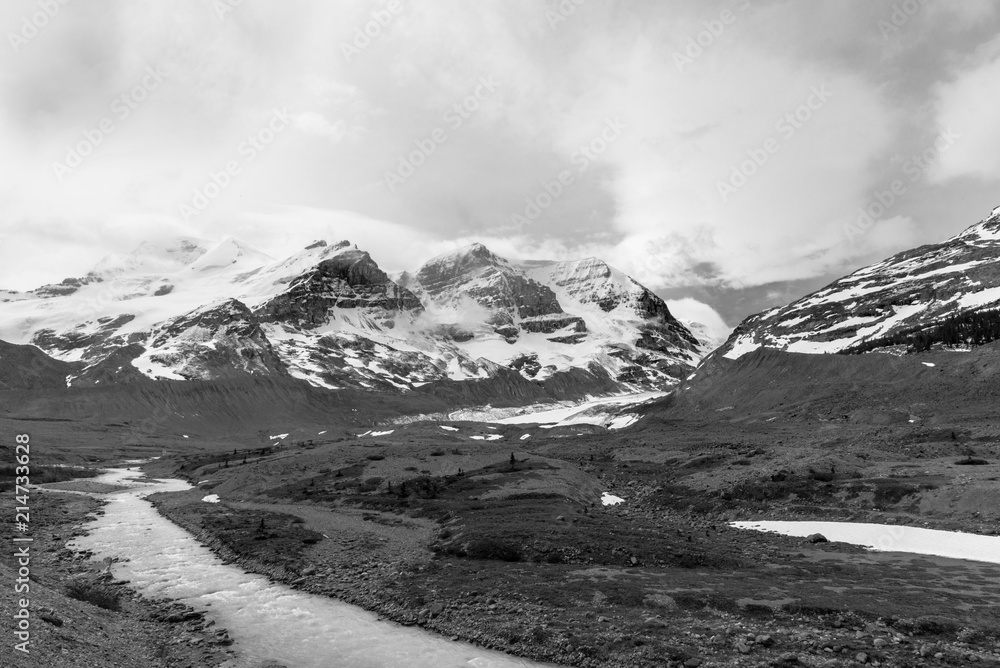 Icefields Parkway in Black and White with Cloudy sky, Between Jasper  and Banff National Park, Canada