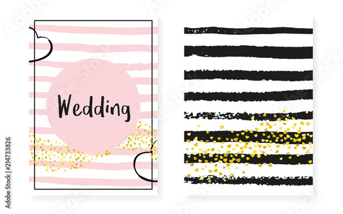 Wedding invitation set with dots and sequins. Bridal shower cards with gold glitter confetti. Vertical stripes background. Retro wedding invitation set for party, event, save the date flyer.