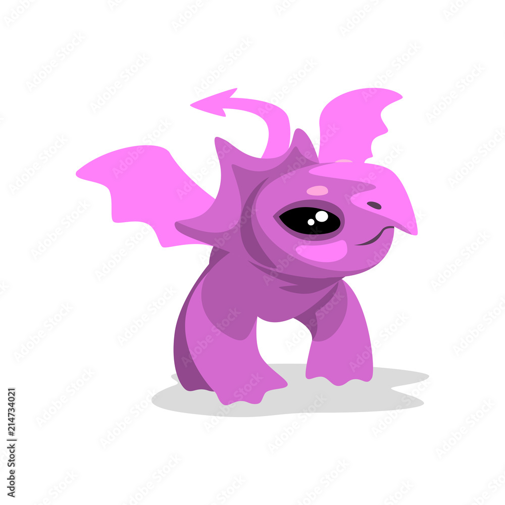 Cute cartoon pink baby dragon, funny fantasy animal character vector Illustration on a white background