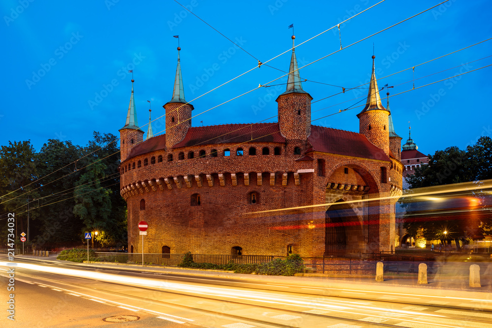 Obraz premium Barbican at night in the old town of Krakow, Poland.