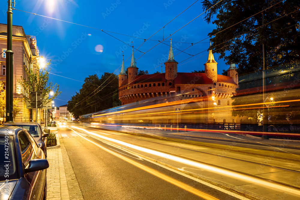 Obraz premium Barbican at night in the old town of Krakow, Poland.