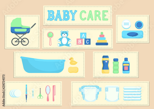 Baby care supplies. Cute baby care infographic. Vector illustration.