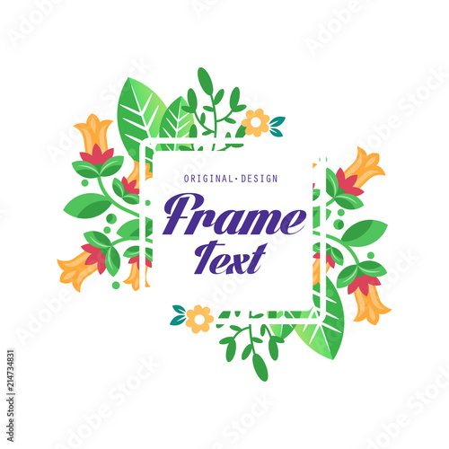 Floral logo with frame original design, elegant badge template, sign for company identity, floral shop, beauty studio, packaging, business card vector Illustration