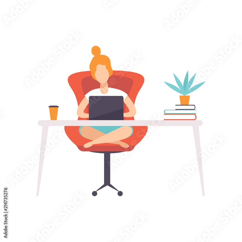 Freelancer girl working at home office with laptop, remote working, freelance concept vector Illustration on a white background