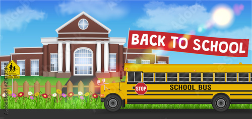 school bus and back to school flag front of school