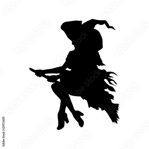 Icono plano silueta bruja en escoba en color negro
