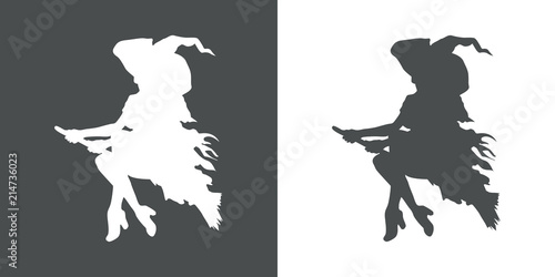 Icono plano silueta bruja en escoba en gris y blanco