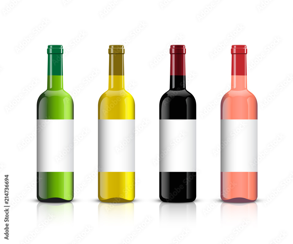 Wine bottle set. Vector wine bottles with shadows and mirror reflection isolated on white background. Wine bottle set. Vector wine bottles with shadows and mirror reflection isolated on white background.