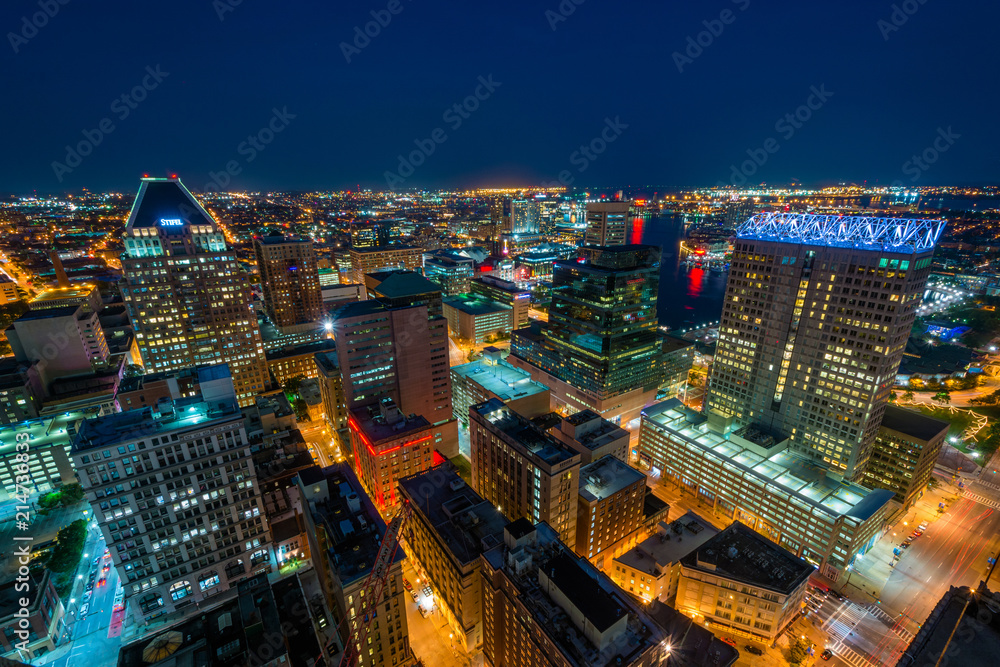 View of Downtown at night, in Baltimore, Maryland