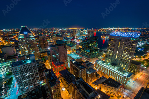View of Downtown at night, in Baltimore, Maryland