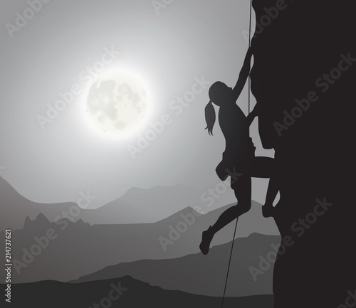 Female Explorer, Rock Climber, Mountaineering, Moonlight