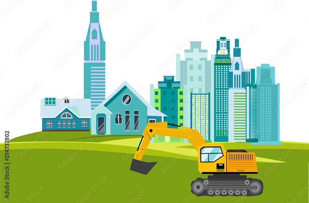 Construction field theme, buildings constructions, working excavators, plant