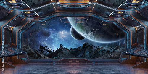 Fototapeta Naklejka Na Ścianę i Meble -  Grunge Spaceship interior with view on planet Earth 3D rendering