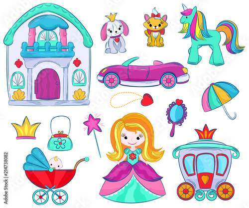 Kids toys vector cartoon girlie games for children in playroom and playing wi...