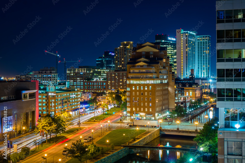 View of Harbor East at night, in Baltimore, Maryland