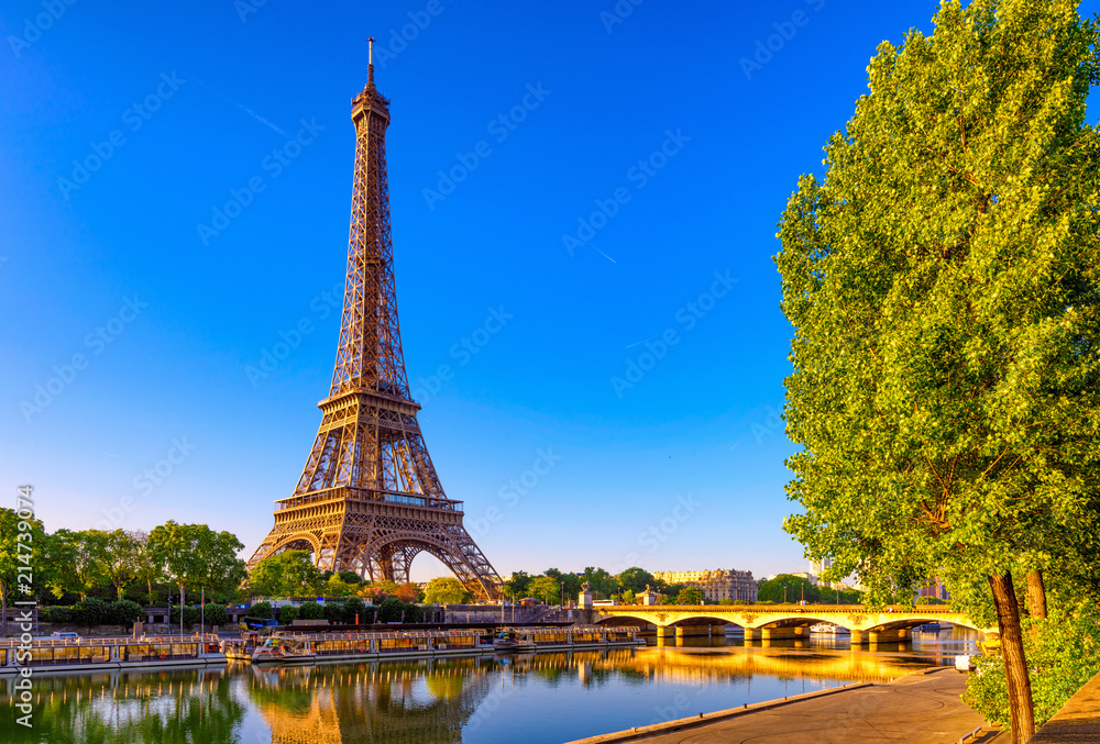 Fototapeta premium Widok wieża eifla i rzeka wonton przy wschodem słońca w Paryż, Francja. Wieża Eiffla jest jednym z najbardziej znanych zabytków Paryża