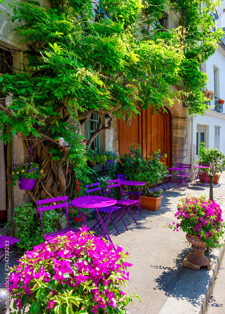 Fototapeta premium Przytulna ulica z kwiatami i stołami kawiarni w Paryżu, Francja