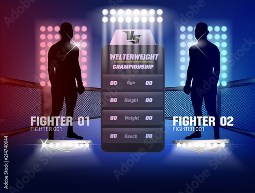 Versus screen design Announcement of two fighters Blue and red corner with lighting and body shadow style.