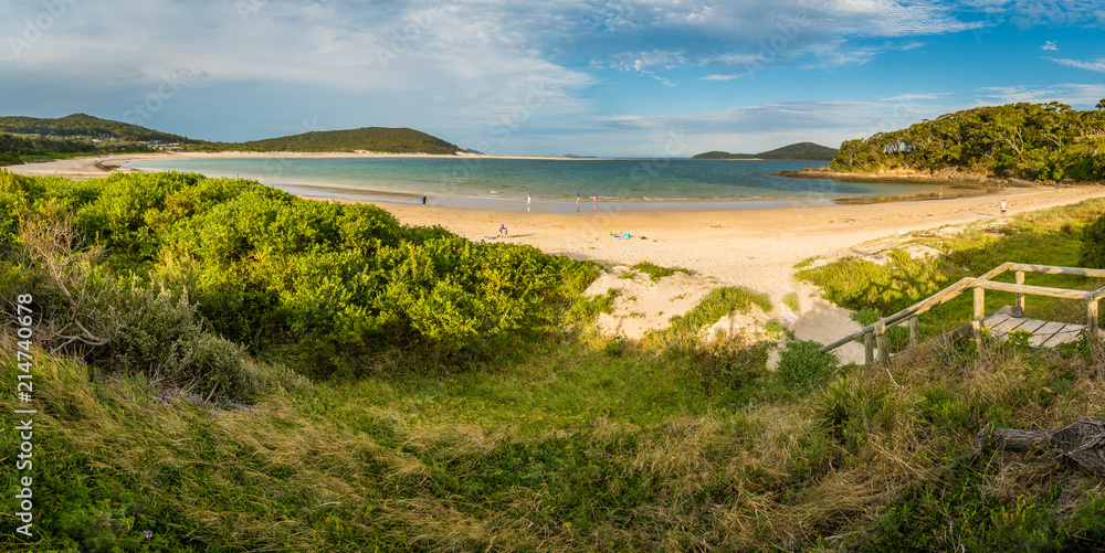 Panorama of Fingal Bay Beach and Nelson bay in Port Stephens, Australia