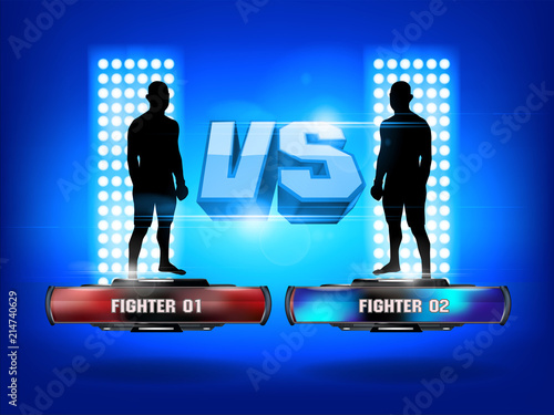 Versus screen design Announcement of two fighters Blue and red corner with lighting and body shadow style.