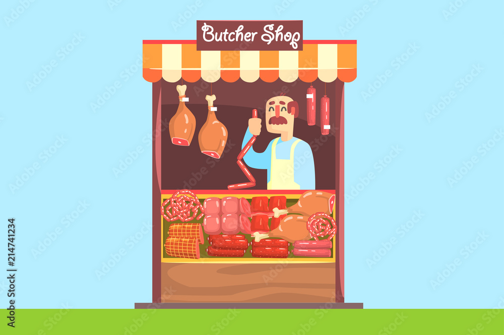 The farmer sells at the farm market meat of own production. Sausage, bacon, smoked chicken. Modern flat style. Vector illustration isolated The farmer sells at the farm market meat of own production. Sausage, bacon, smoked chicken. Modern flat style. Vector illustration isolated