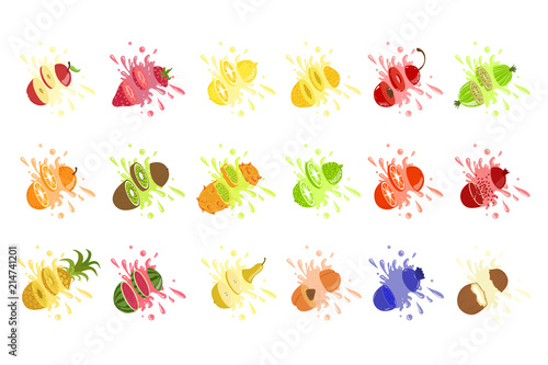 Set of fruit juice splash . Pineapple, strawberry, watermelon, mango, peach, blackberry, raspberry, banana, guava, bueberry, coconut. Vector