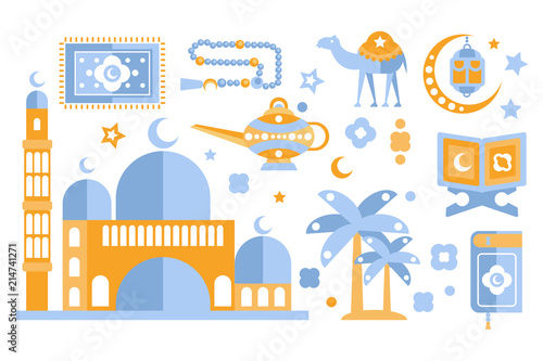 Fototapeta Naklejka Na Ścianę i Meble -  Islamic culture color icons set. Muslim attributes. Religion symbolism. Isolated vector illustrations set