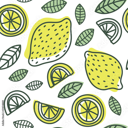 Lemon seamless pattern. Hand drawn fresh tropical citrus fruit. Vector sketch background. Color doodle wallpaper. Yellow and blue print