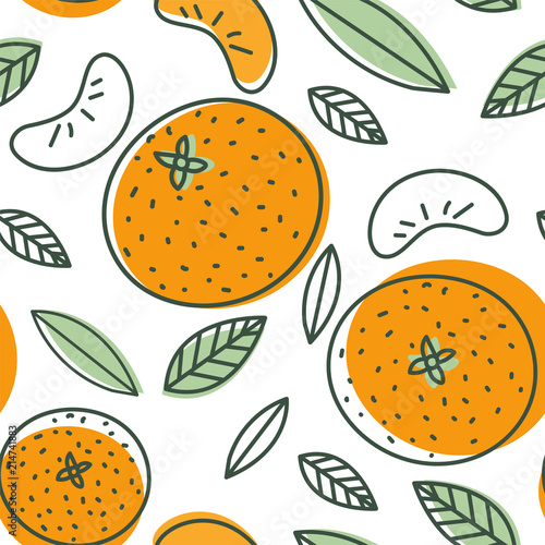 Mandarin seamless pattern. Vector tangerine. Hand drawn fresh tropical citrus fruit. Sketch background. Doodle wallpaper. Orange and purple print