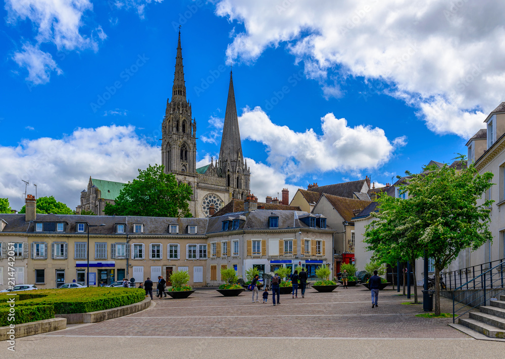 Old square and view of Chartres Cathedral in small town Chartres, France