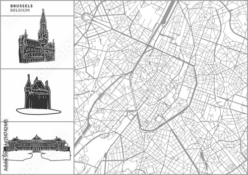 Valokuvatapetti Brussels city map with hand-drawn architecture icons