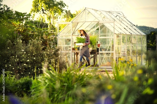 Cuadro en lienzo Woman gardening in a greenhouse