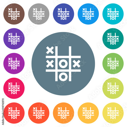 Tic tac toe game flat white icons on round color backgrounds