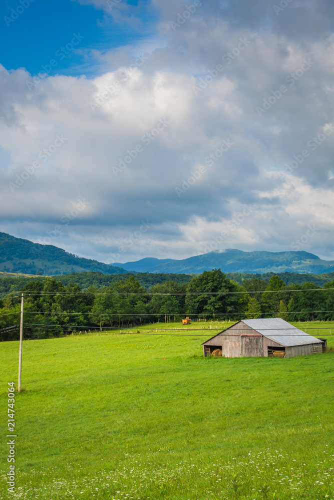 View of a farm and mountains in the rural Potomac Highlands of West Virginia.