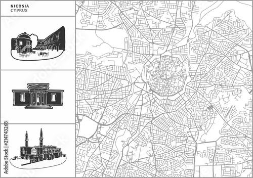Fotografie, Tablou Nicosia city map with hand-drawn architecture icons