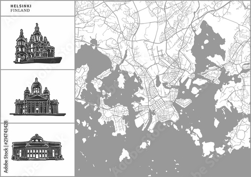 Helsinki city map with hand-drawn architecture icons