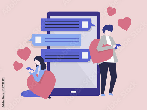 Characters of a couple messaging on a mobile illustration