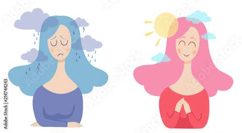 girl with bad and good thoughts in her head. positive and negative thinking. Pessimist and  optimist vector concept illustration.