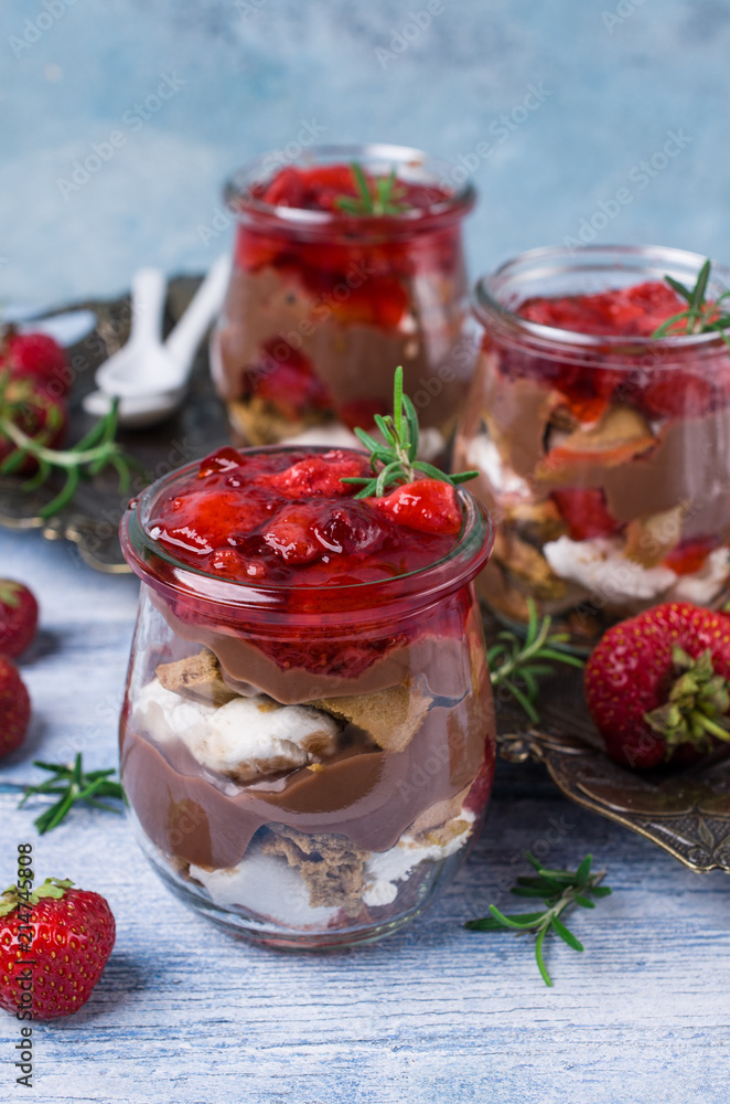 Cold dessert with strawberry jelly