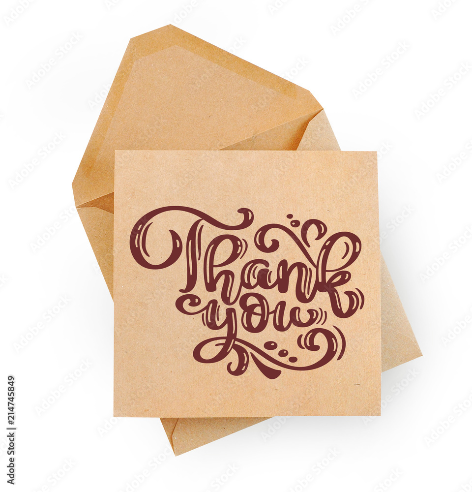 mockup brown kraft envelope document with calligraphic text Thank you isolated on white background. Lettering Thanksgiving Day. Flat lay. Top view mockup brown kraft envelope document with calligraphic text Thank you isolated on white background. Lettering Thanksgiving Day. Flat lay. Top view