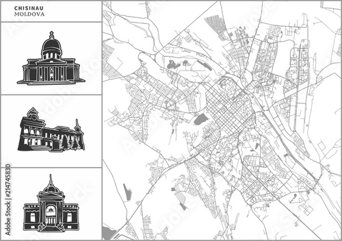 Tableau sur toile Chisinau city map with hand-drawn architecture icons