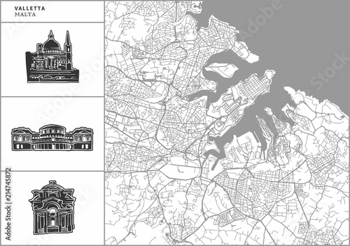 Valletta city map with hand-drawn architecture icons