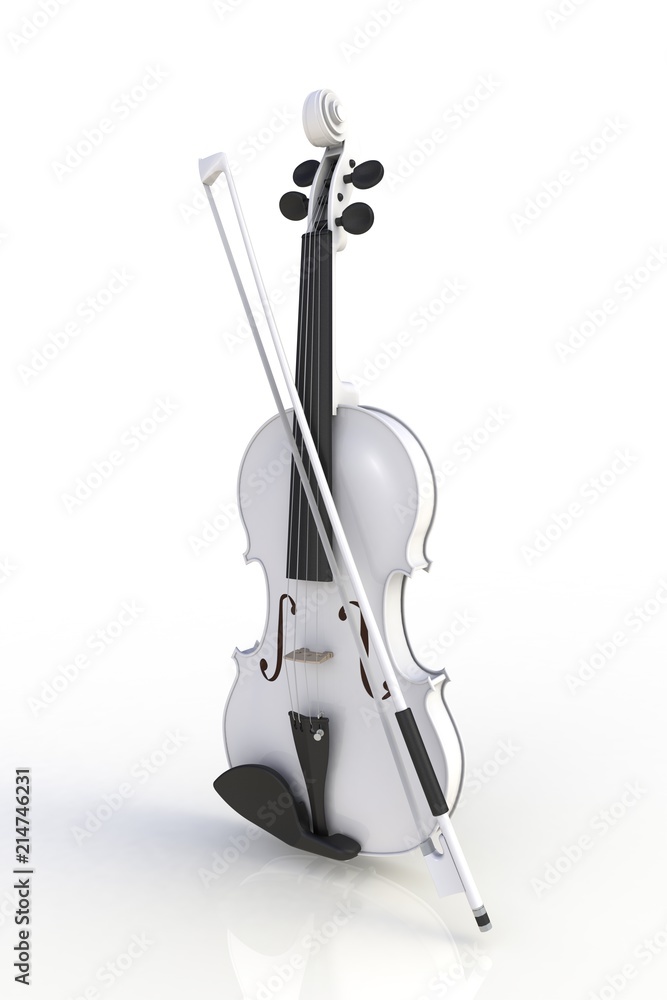 Close up of classical white violin with bow isolated on white