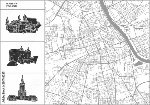 Warsaw city map with hand-drawn architecture icons