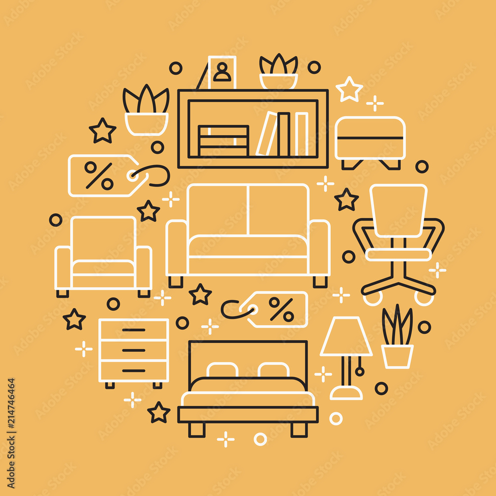 Furniture sale banner illustration with flat line icons. Interior store poster. Living room, bedroom, home office chair, shelving, sofa, lamp, sideboard discount thin linear signs circle template. Furniture sale banner illustration with flat line icons. Interior store poster. Living room, bedroom, home office chair, shelving, sofa, lamp, sideboard discount thin linear signs circle template.