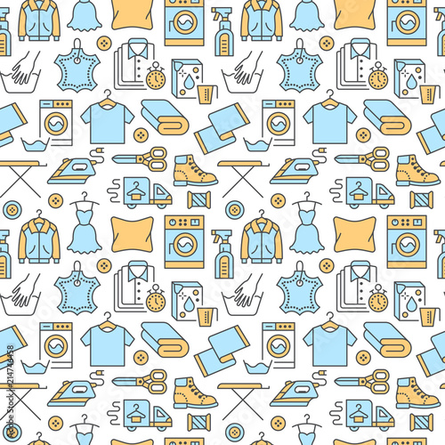 Dry cleaning  laundry blue seamless pattern with line icons. Laundromat service equipment  washing machine  clothing shoe and leaher repair  garment ironing and steaming. Background for launderette.