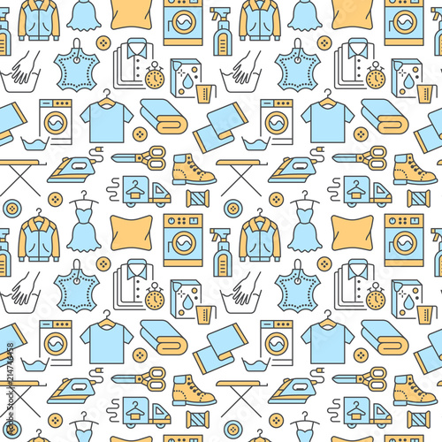 Dry cleaning, laundry blue seamless pattern with line icons. Laundromat service equipment, washing machine, clothing shoe and leaher repair, garment ironing and steaming. Background for launderette.