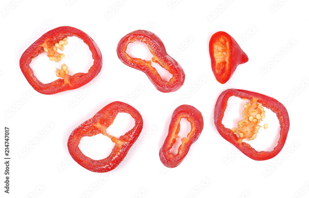 Fresh red bell pepper slices isolated on white background, top view Fresh red bell pepper slices isolated on white background, top view