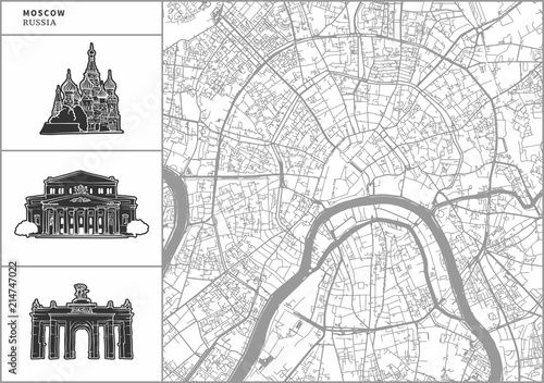 Photo Moscow city map with hand-drawn architecture icons